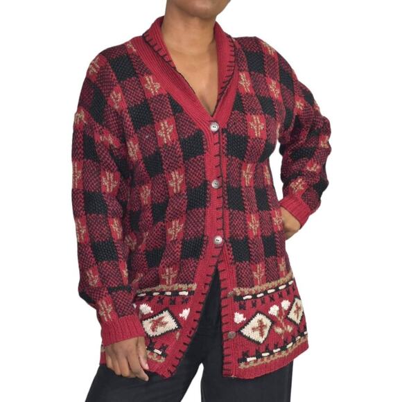 Vintage Northern Isles Cardigan Red Sweater Hand Knit Chunky Handknit Medium - Picture 11 of 13